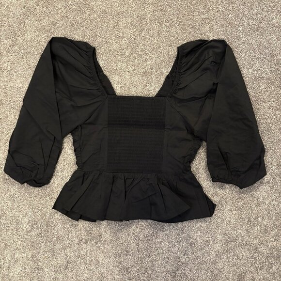 Express Women's V-Neck Pleated Peplum Top Size XS Black 3/4 Puff Sleeves NWT $74 - Picture 9 of 16